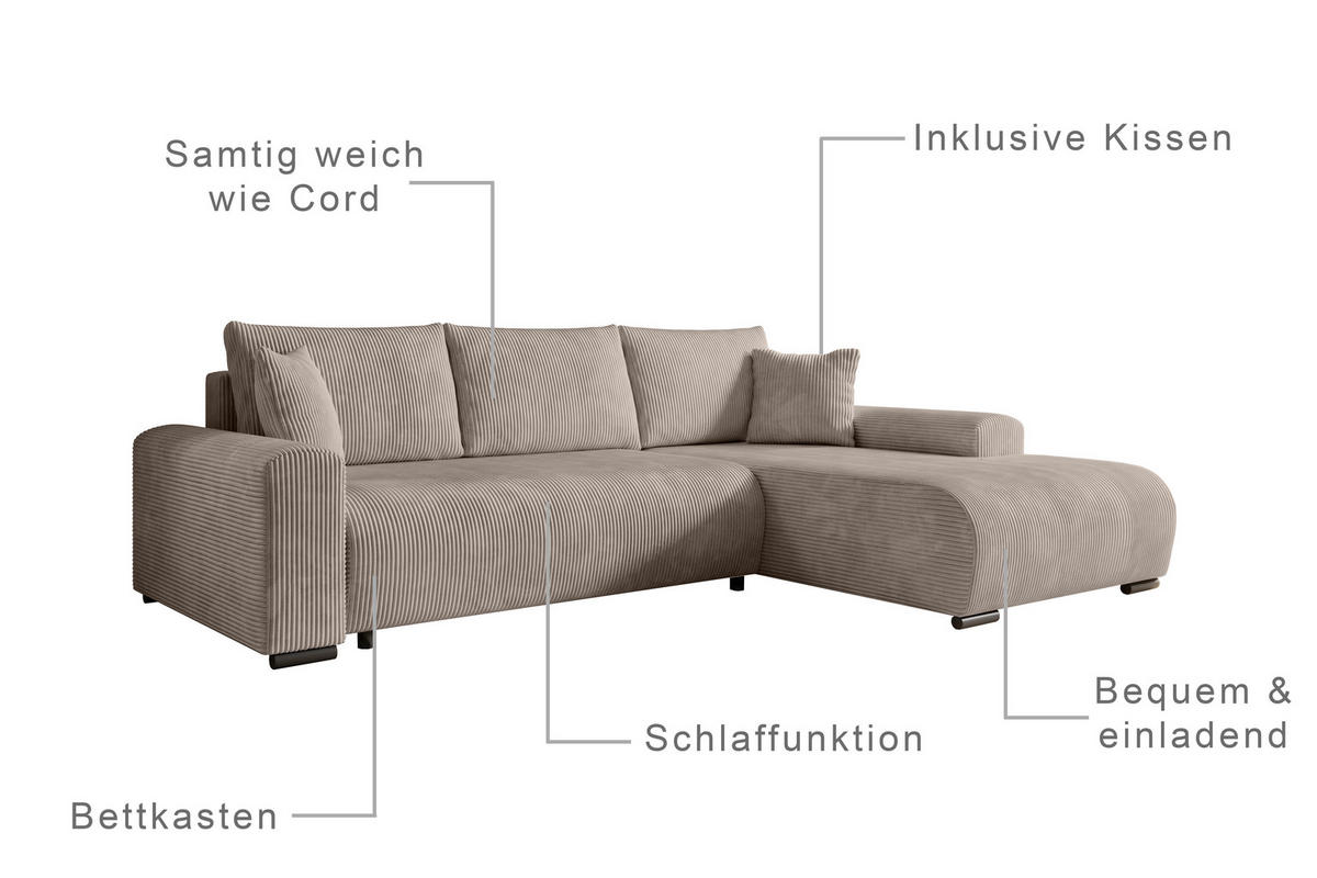 ECKSOFA Nelly mit Bettkasten und Schlaffunktion, Cordstoff in L-Form - Beige, Textil (270/185cm)