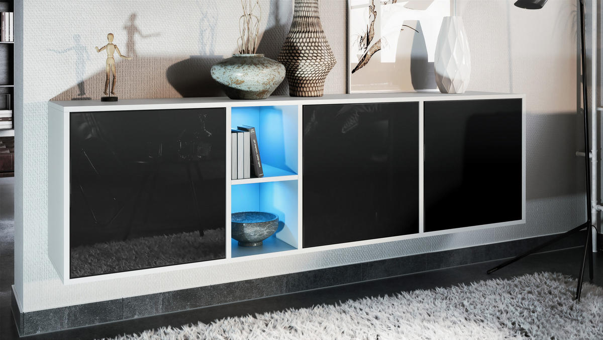 SIDEBOARD Cuba Türen in Schwarz Hochglanz - Schwarz Hochglanz, Holzwerkstoff (182/53/35cm) - Vladon