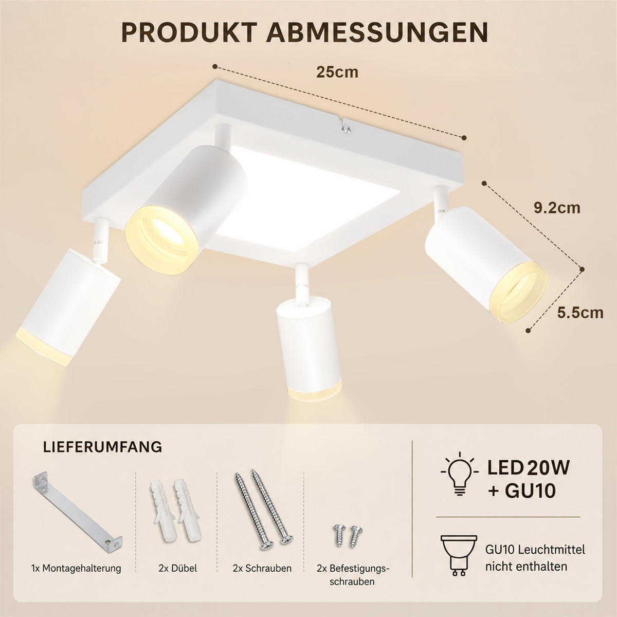 DECKENSTRAHLER Bonn 4-flammig 25/8/16.9 cm - Weiß, Metall (25/8/16.9cm) - Nettlife
