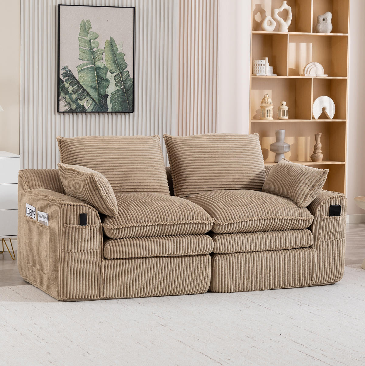 2-SITZER-SOFA aus Cord 191x94x85 cm Khaki mit Seitentaschen, Kissen und Federkern für hohen Sitzkomfort - Beige, Textil (191/85/94cm) - Modfu