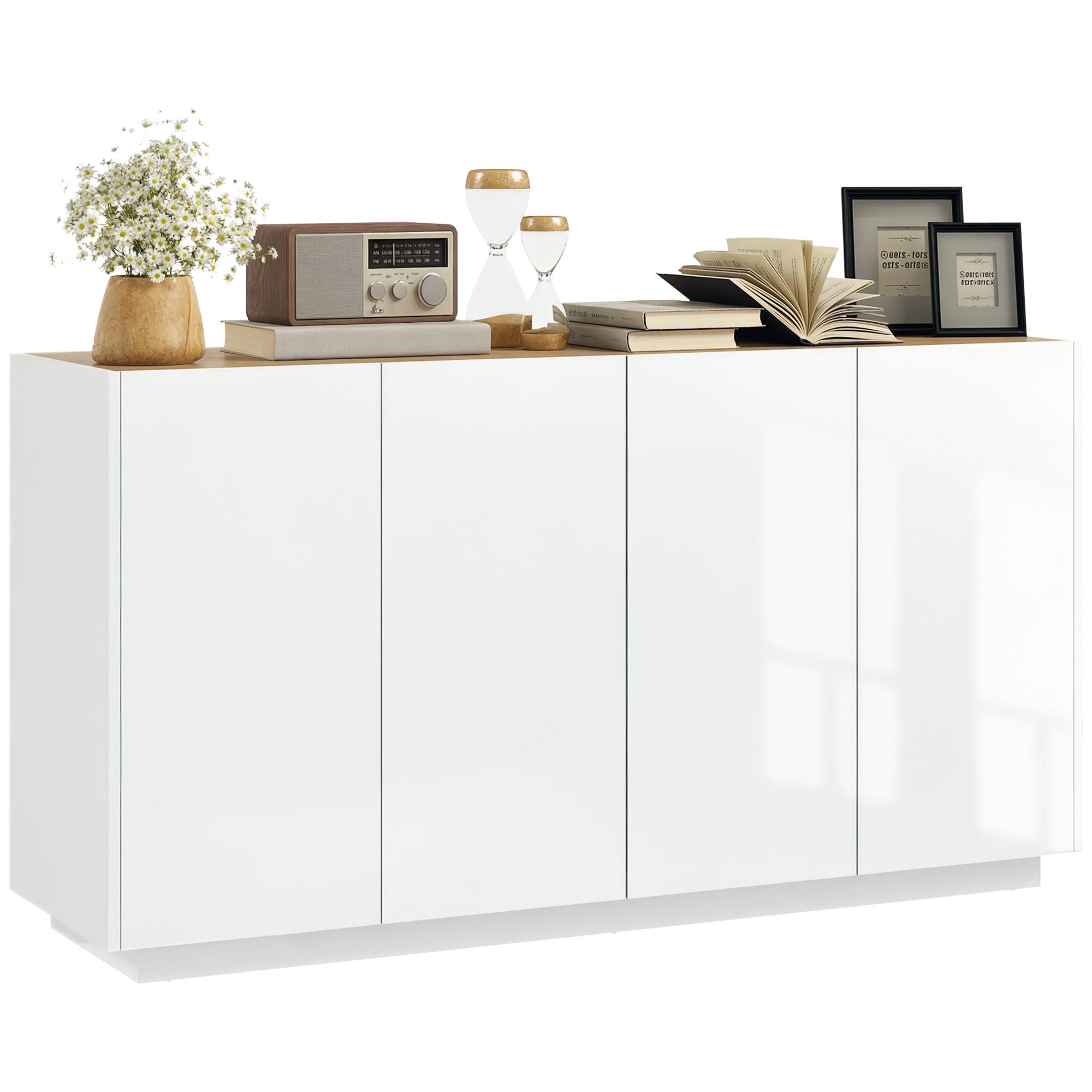 SIDEBOARD Weiß-Lack, Kiefer-Nachbildung, 4 Türen, 140/40/75 cm - Weiß Hochglanz, Holz (140/75/40cm) - PANGIVO