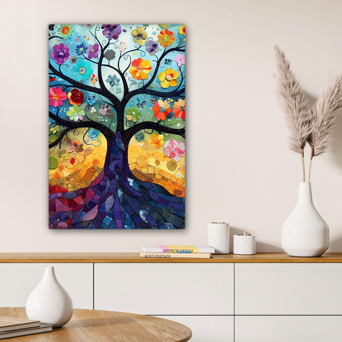 LEINWANDBILD Kunst - Baum des Lebens - Blumen - Hippie Wanddeko 40x60 cm - Dunkelblau, Textil (40/60cm) - MuchoWow