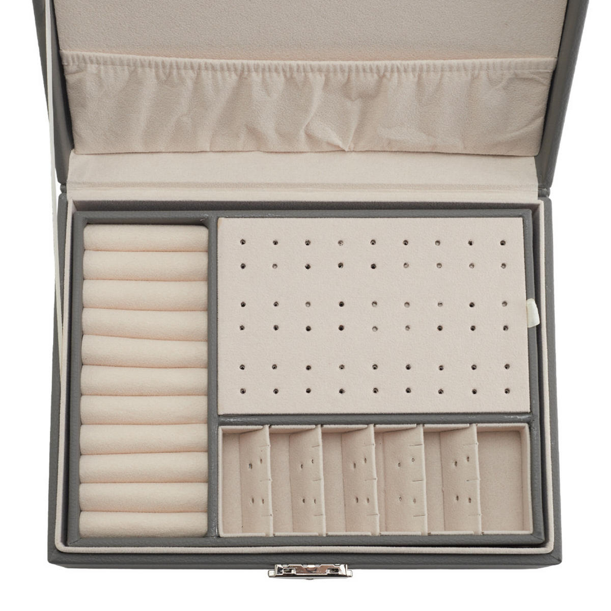 SCHMUCKKÄSTCHEN 23/17/9 cm Zweistöckig Schloss PU-Leder Samtfutter Grau - Grau, Leder/Textil (23/9/17cm) - Livingandhome