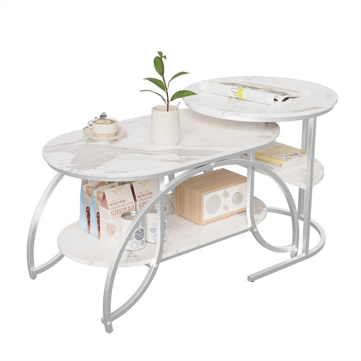 COUCHTISCH 2er-Set - Ovaler und Runder Beistelltisch mit Ablage in Marmoroptik - Weiß und Silber - Weiß, Holzwerkstoff (46/80/45cm) - DELFA