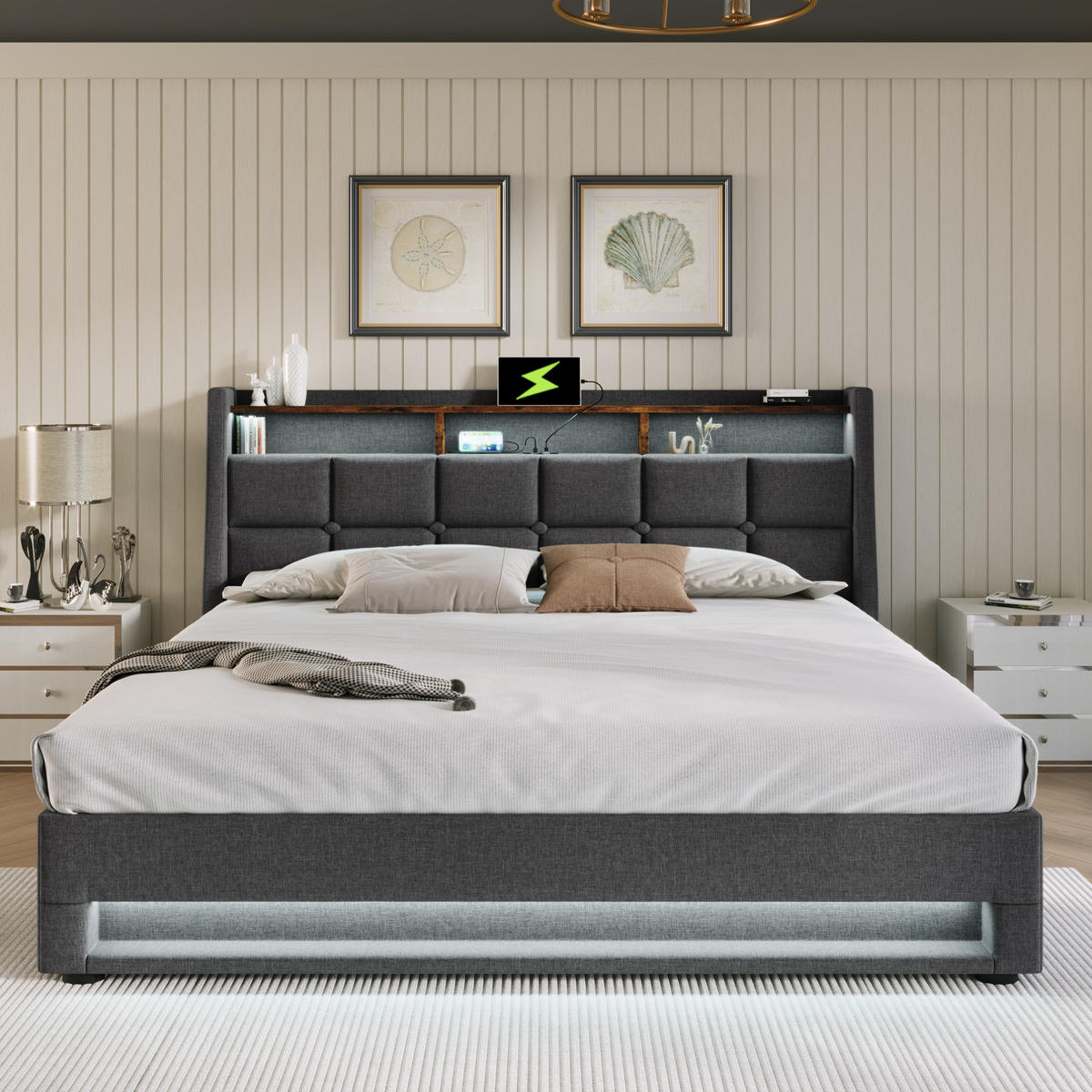 ČALOUNĚNÁ postel 145/210/117 cm, len šedá, LED s USB a úložným prostorem - šedá, textil (140/200cm) - BEAOK