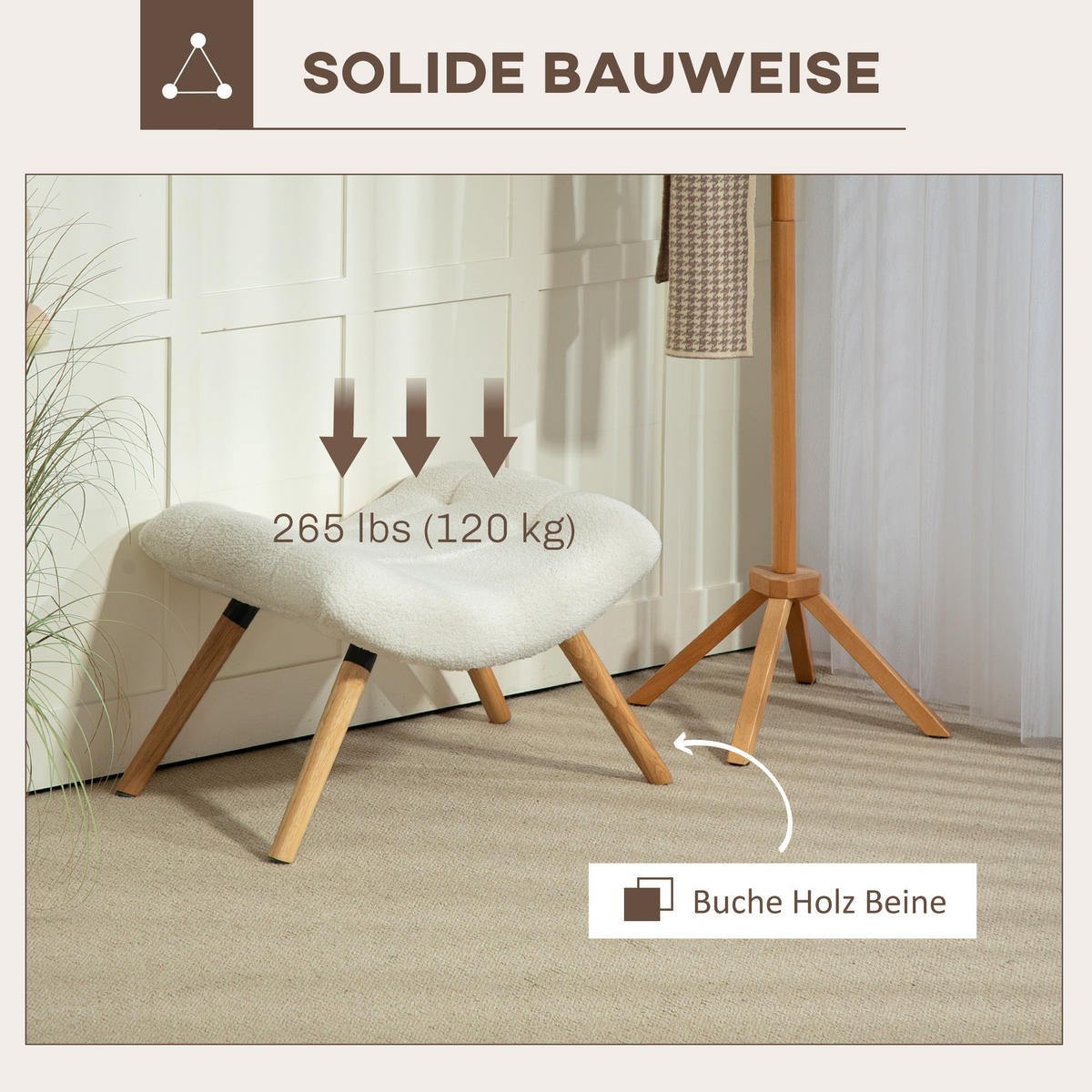 SITZHOCKER, bis 120 kg belastbar, 60,5 x 45 x 38 cm, Cremeweiß - Weiß, Kunststoff (60.5/38/45cm) - HOMCOM