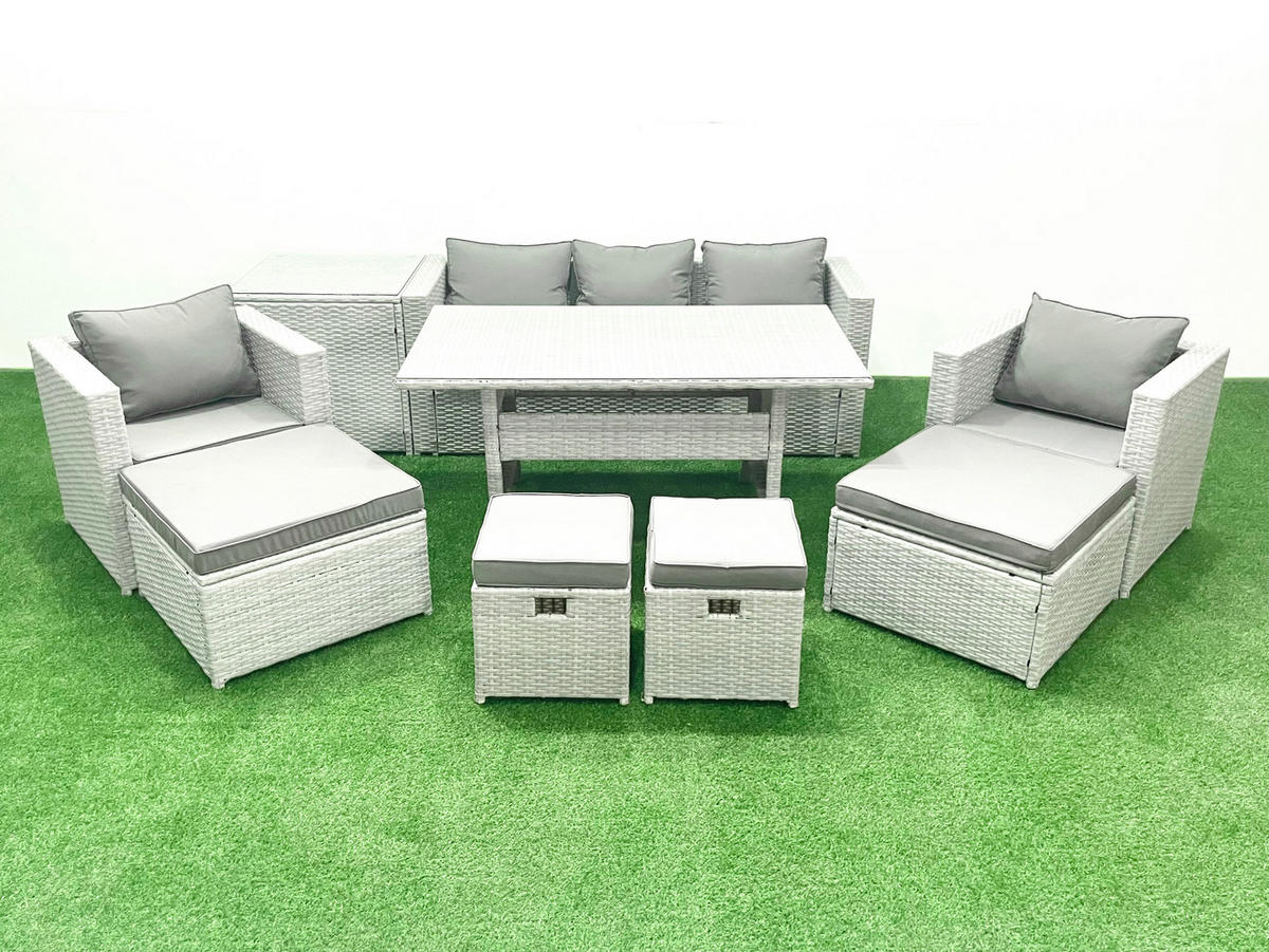 GARTENSET mit Esstisch,Sofa,3 Fußhocker, Beistelltisch,2 Stühle Polyrattan Hellgrau 9-Sitzer - Hellgrau/Grau, Glas/Kunststoff - Fimous