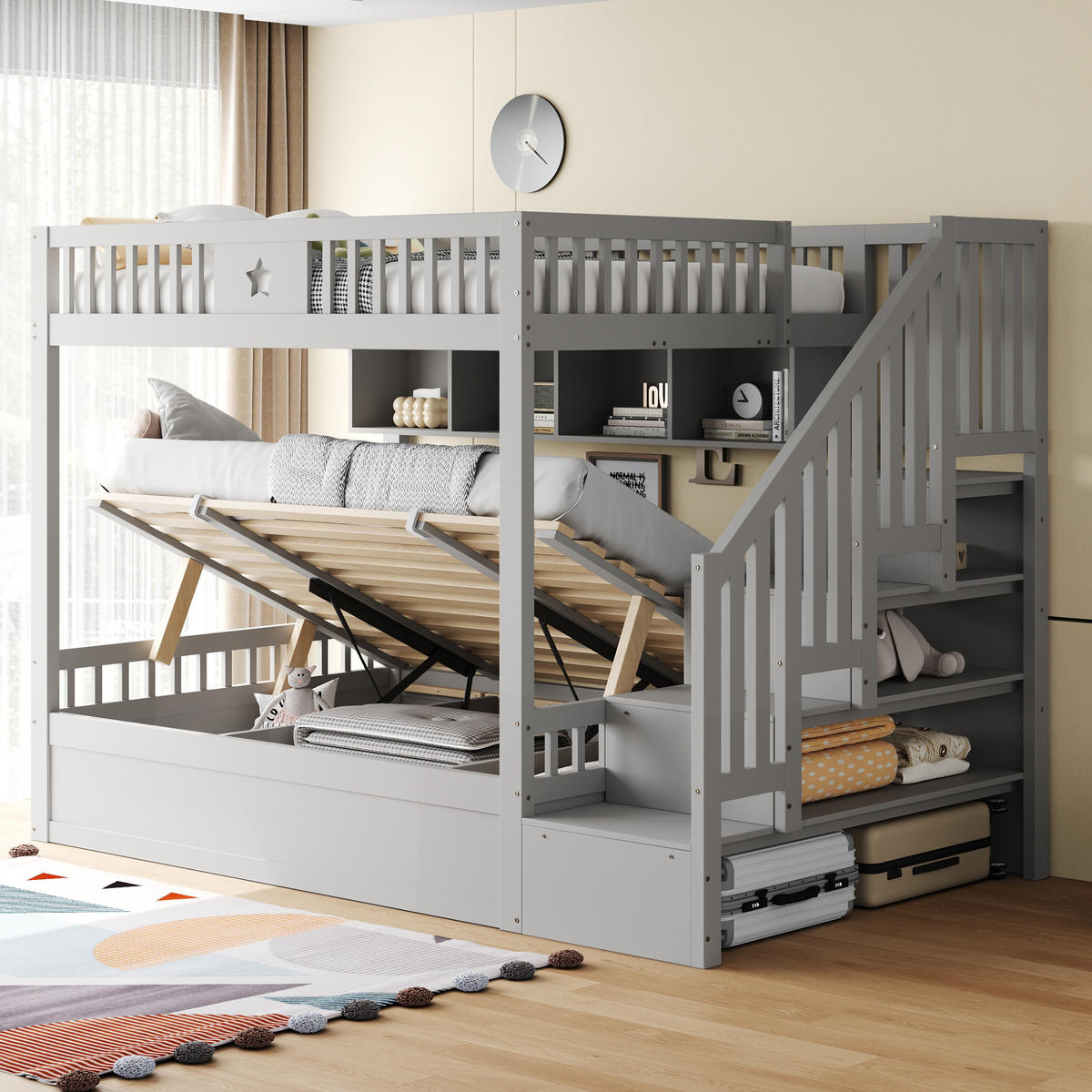 ETAGENBETT 140/200 cm in Grau mit Stauraum, Regalen und Treppe - Grau, Holzwerkstoff (140/200cm) - OKMYHOME