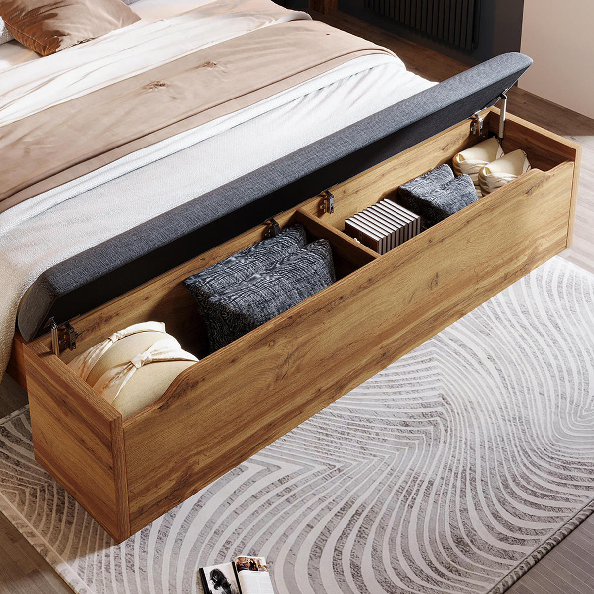 DOPPELBETT 160x200 cm in Eichenoptik mit zwei Nachttische, Mit Matratze - Eichefarben, Holz (160/200cm)