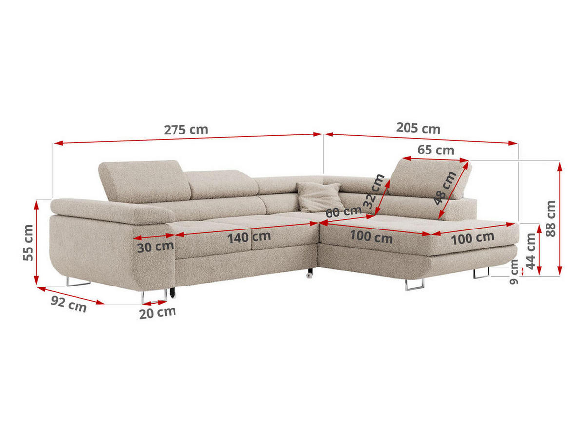 ROHOVÁ SEDAČKA GUSTAW L - Krémová Bouclé - Levá Strana - stříbrná/krémová, kov/textil (275/205cm) - MKS