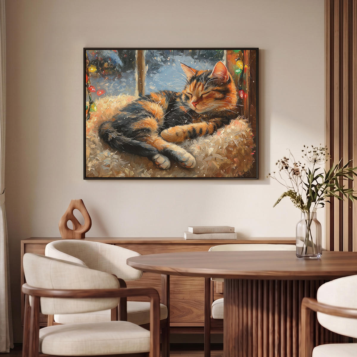 LEINWAND Bilder mit Rahmen - Katze - Weihnachten - Winter - Tier - 100x70 - Bernsteinfarben, Textil (100/70cm) - MuchoWow