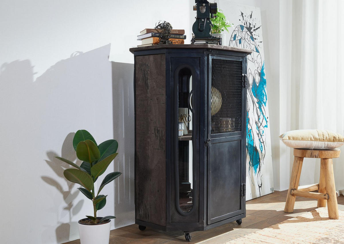 VITRINE Mango 76x60x120 grau lackiert RAILWAY #2330 - Grau, Holz (76/120/60cm) - Massivmoebel24
