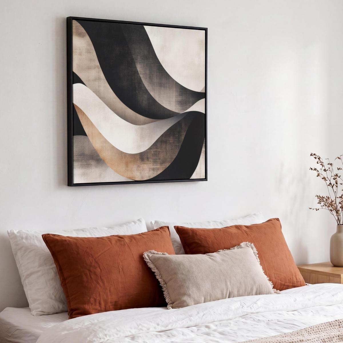 LEINWAND Bilder mit Rahmen - Abstrakt - Wellen - Schwarz - Verwittert - 50x50 - Trüffeleichefarben, Textil (50/50cm) - MuchoWow