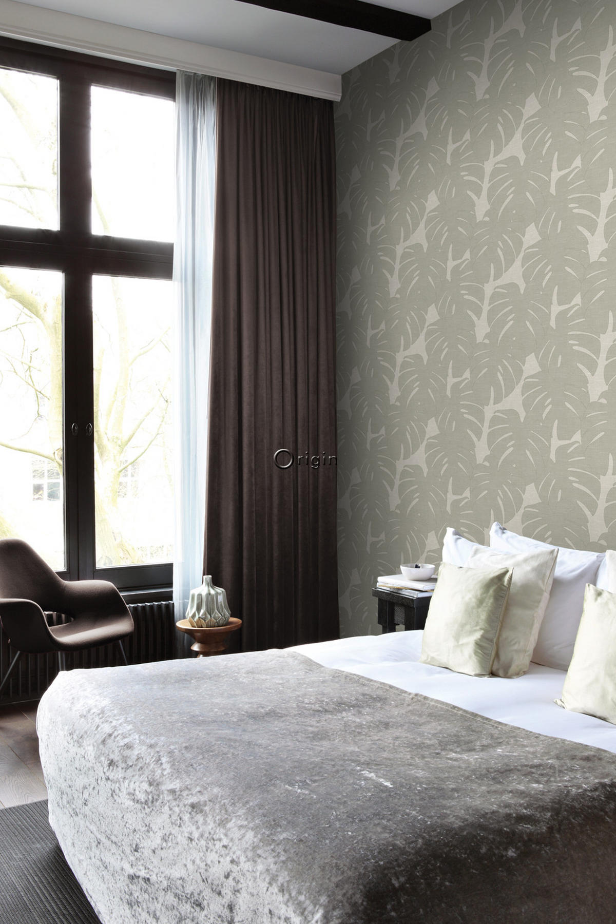 TAPETE Blätter in Leinen-Optik 53 cm x 10.05 m - Beige, Papier (53/1000cm) - Origin Wallcoverings