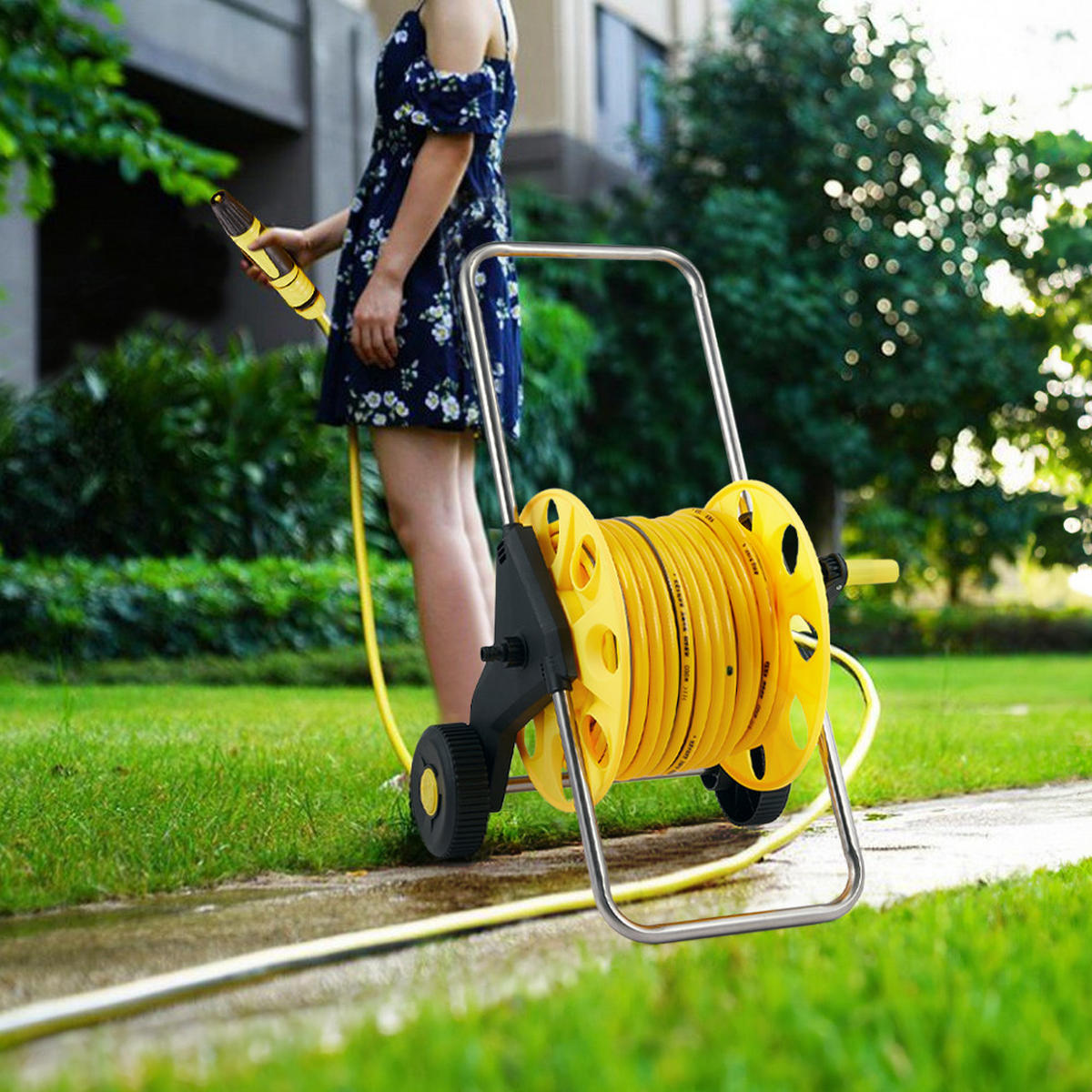 GARTENSCHLAUCHWAGEN mit Rollen 40m Kunststoff + Stahl Rahmen 3 Sprühmodi gelb/schwarz - Gelb, Kunststoff (35cm) - Livingandhome