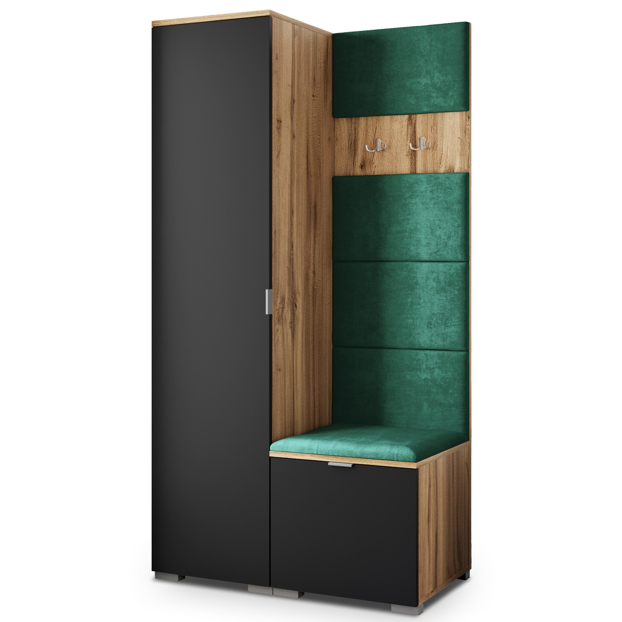 Masseno Garderobenschrank Eiche Wotan, Schwarz, Grün 95x181x51 cm