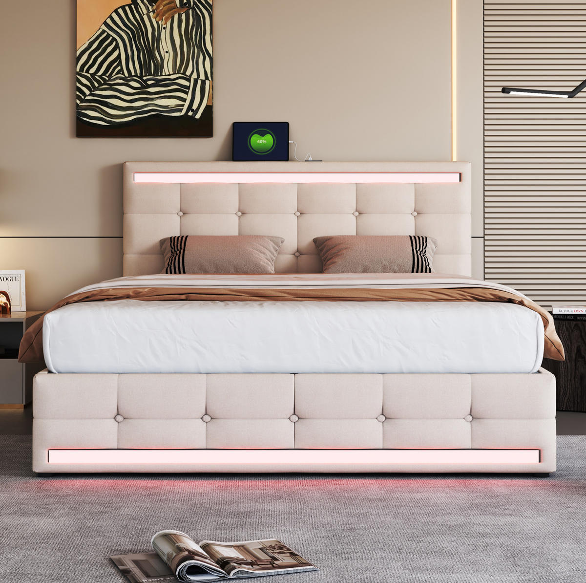 POLSTERBETT 140/200 cm Beige LED-Bett mit 4 Schubladen und USB-Anschluss - Beige, Textil (140/200cm) - OKWISH
