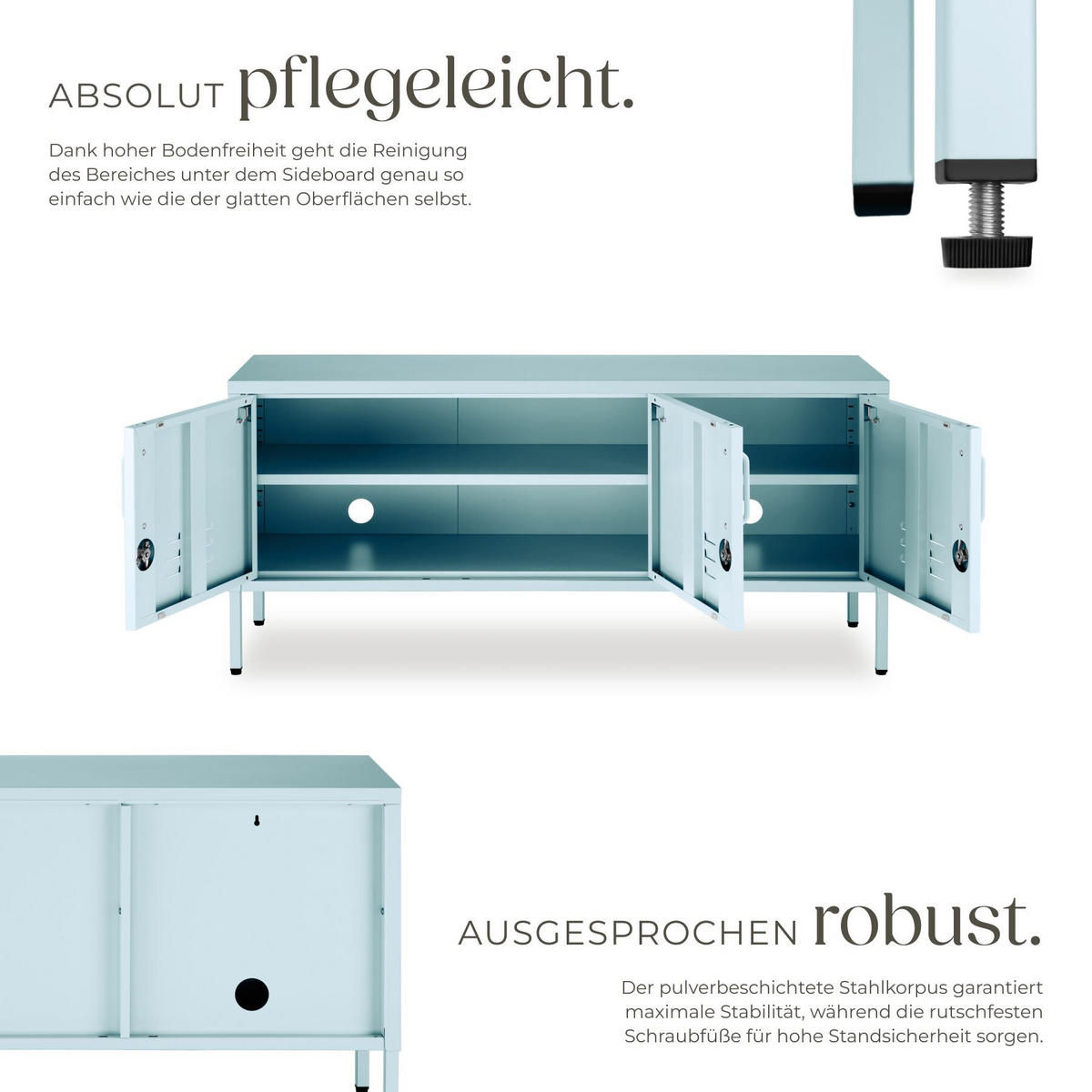 SIDEBOARD Baker, Kippschutz, höhenverstellbare Füße, grau/blau - Blau/Grau, Metall (120/55.5/37.5cm) - tectake