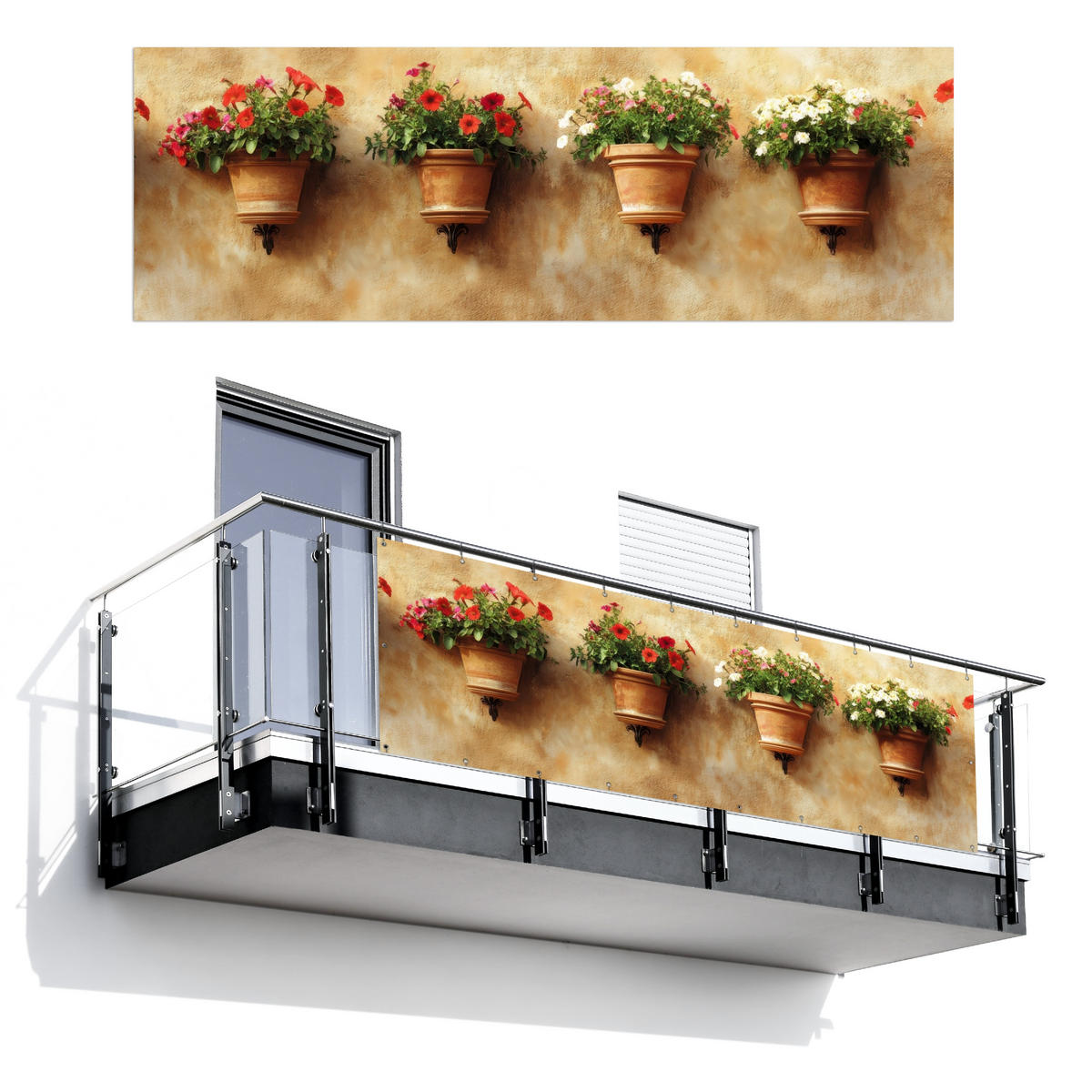 BALKON-SICHTSCHUTZ Blumentöpfe - Wand - Vintage - Terracotta, Kunststoff (300/100cm) - MuchoWow