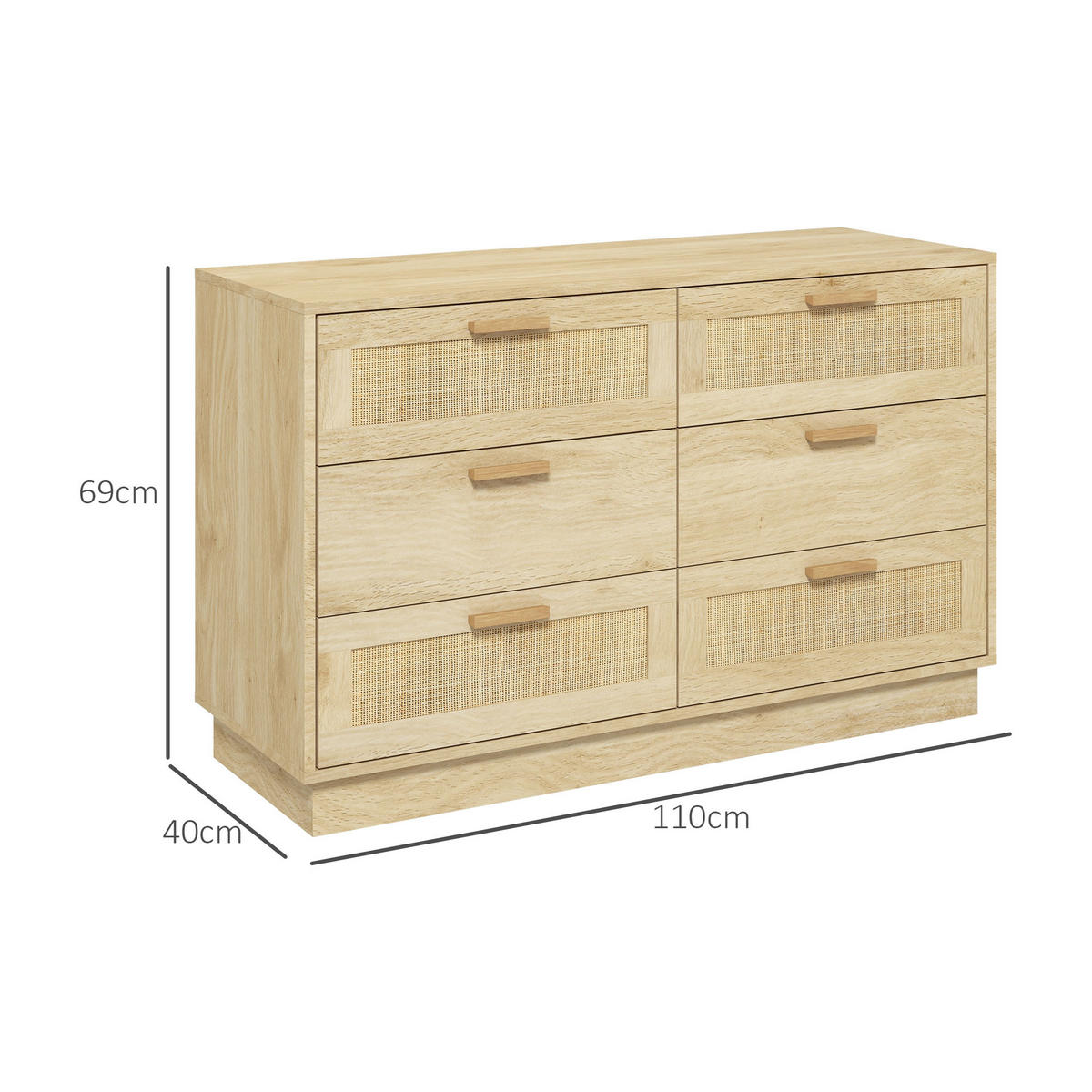 KOMOODE DE-12871 6 Schubladen mit Rattan, Boho-Design Eiche - Eichefarben, Holzwerkstoff (110/69/40cm) - ComfortXL