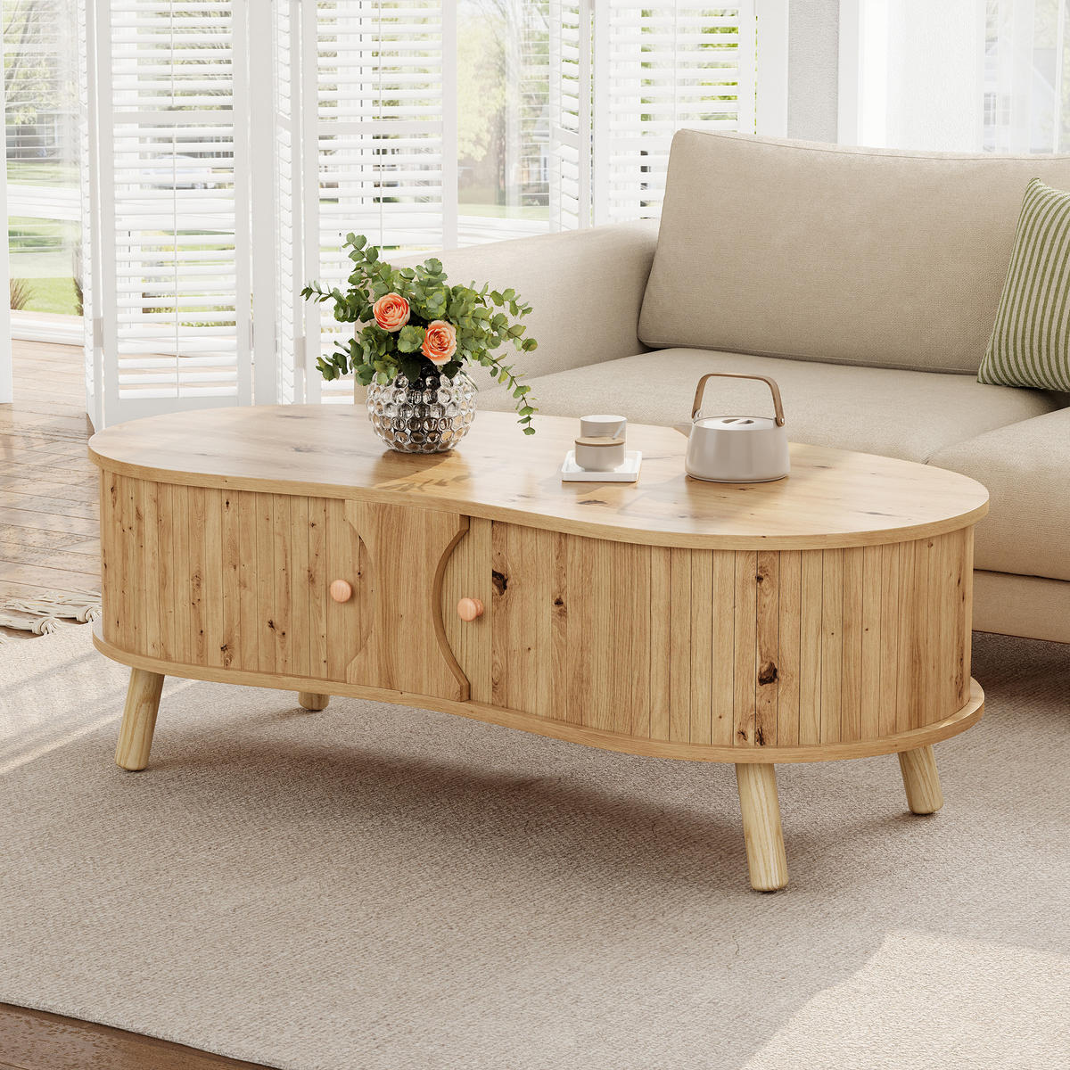 COUCHTISCH organisch Rillenoptik 2 Schiebetüren - Naturfarben, Holz (50/108/37cm) - LEBENLANG