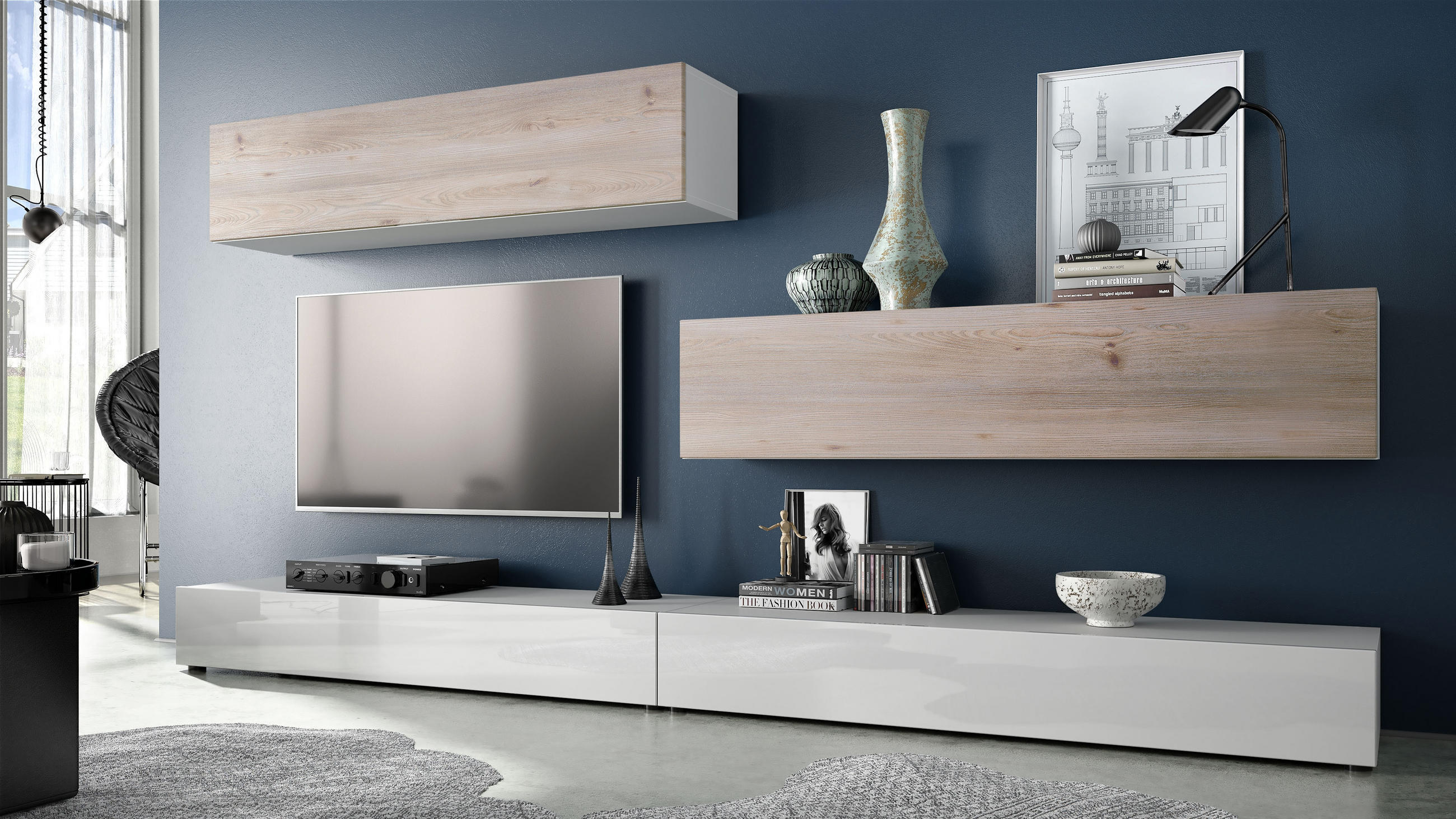 WOHNWAND Nublo Klappen in Eiche Nordic - Silbereichenfarben, Holzwerkstoff (279/147/39cm) - Vladon