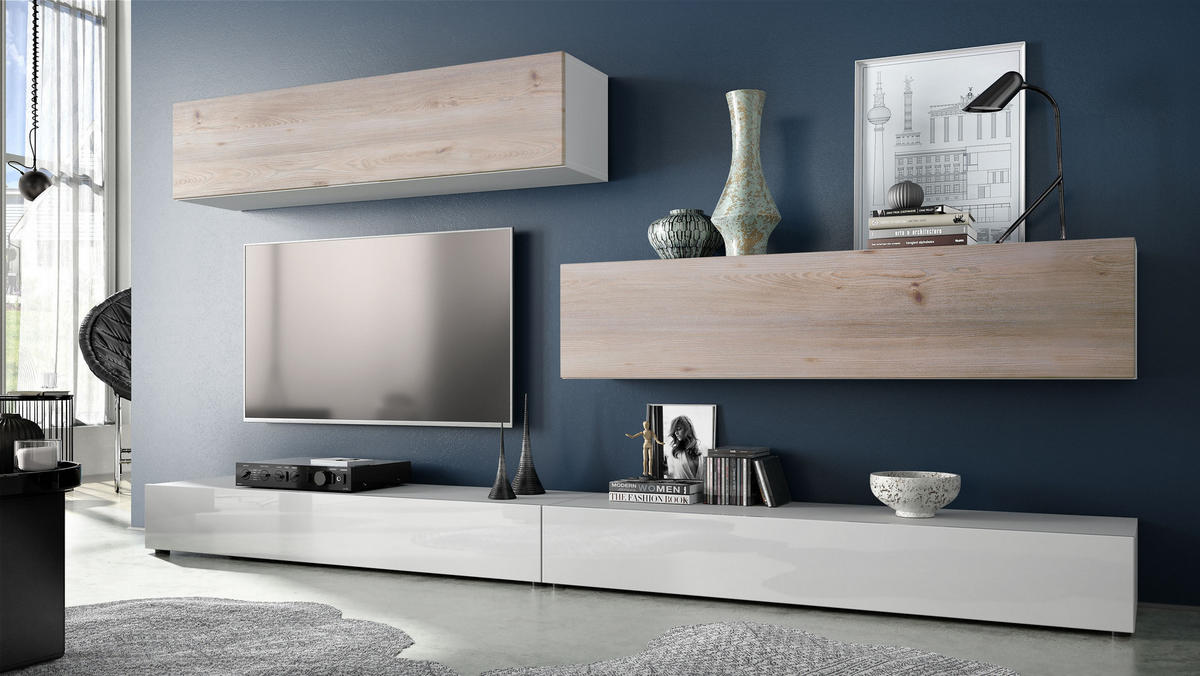 WOHNWAND Nublo Klappen in Eiche Nordic - Silbereichenfarben, Holzwerkstoff (279/147/39cm) - Vladon