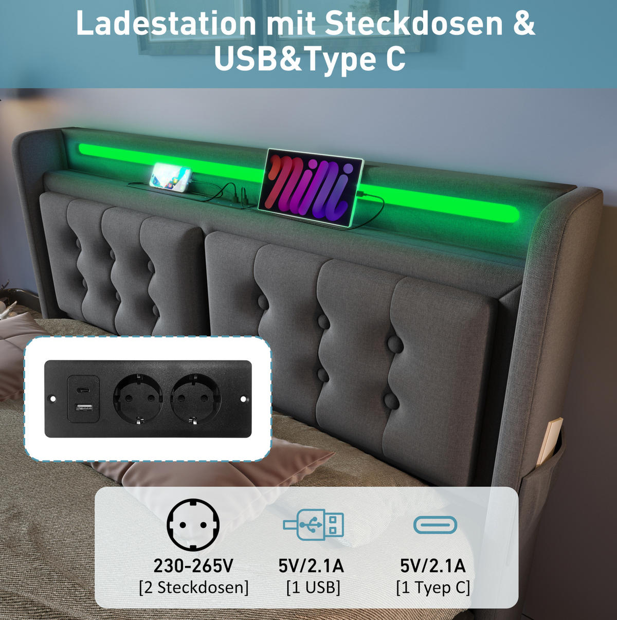 POLSTERBETT 140/200 cm Grau aus Baumwoll-Leinenstoff mit LED und Ladefunktion - Grau, Textil (140/200cm) - OKMYHOME