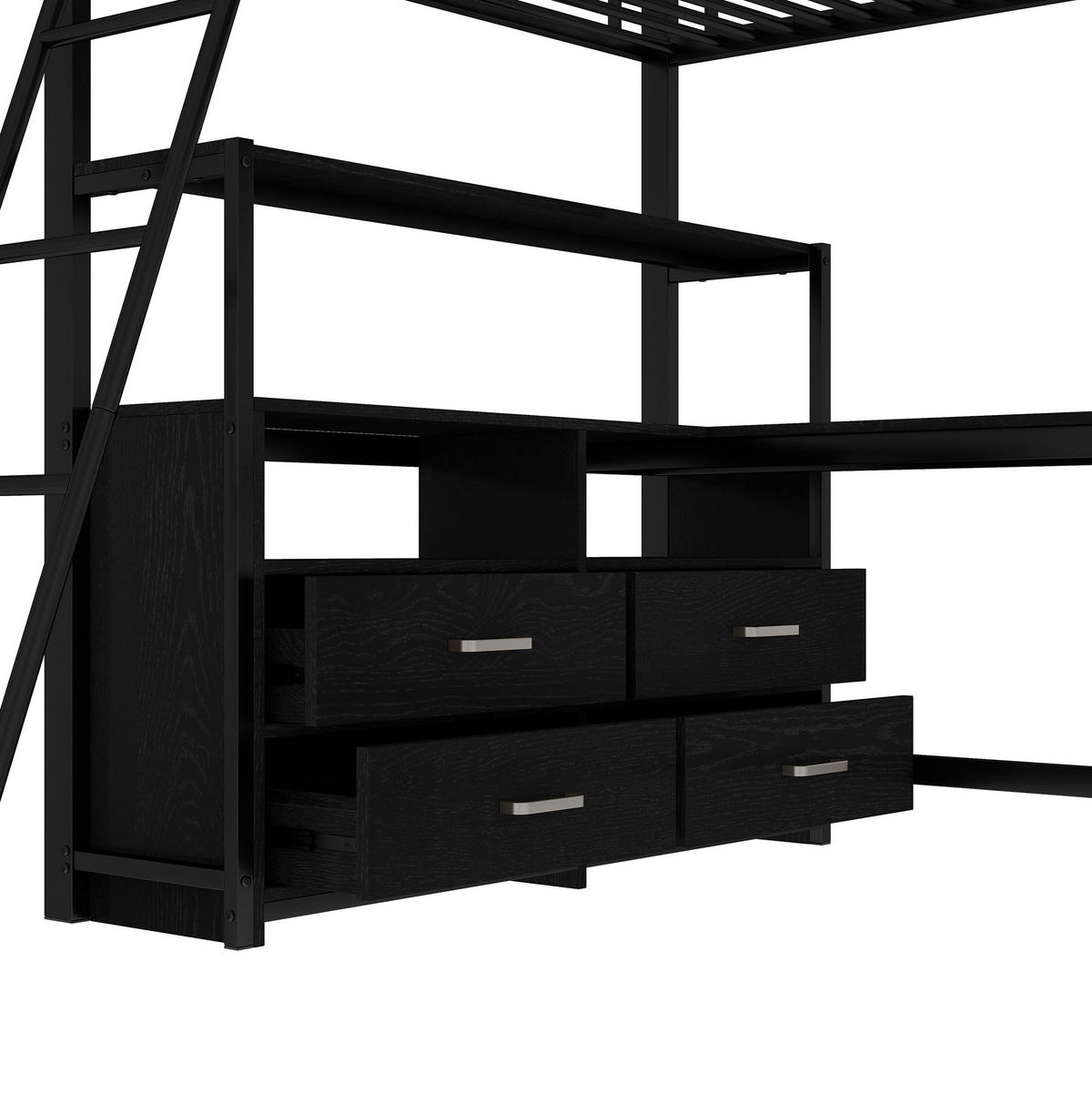 HOCHBETT 140/200 cm Schwarz aus Metall und MDF mit L-förmigem Schreibtisch - Schwarz, Metall (140/200cm) - OKMYHOME
