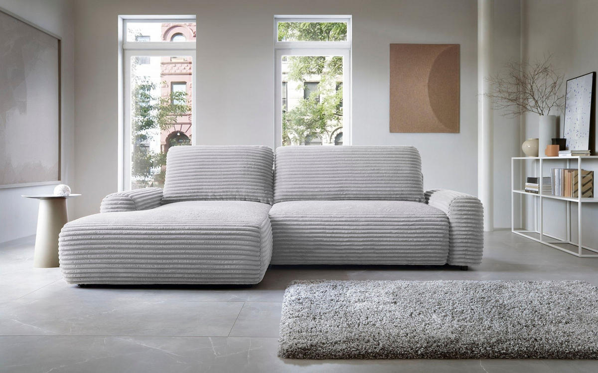 ECKSOFA OSSO Grau Velours-Stoff mit Schlaffunktion - Grau, Holz (264/162cm) - MASSENO