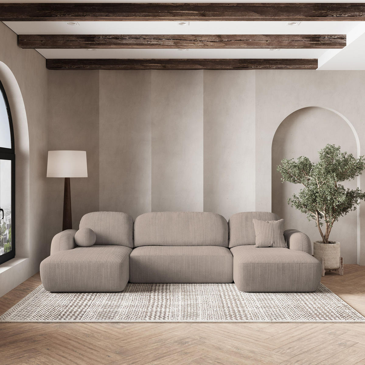 ROHOVÁ SEDAČKA SAVONA béžová - černá/béžová, dřevo/textil (320/148cm) - MASSENO