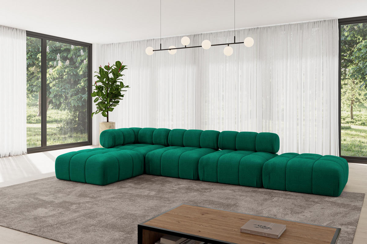 ECKSOFA modulares Sofa Kerru-L2 - 380x190x70 cm Dunkelgrün Velours - Dunkelgrün, Holzwerkstoff/Textil (380/190cm) - ALTDECOR