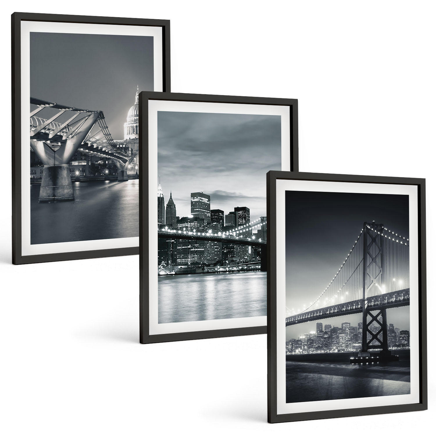 BILDER SET 3er Set - 40x60 cm Schwarzer Rahmen - Brücken, Stadtarchitektur, Grau - Schwarz, Kunststoff (40/60cm) - TULUP