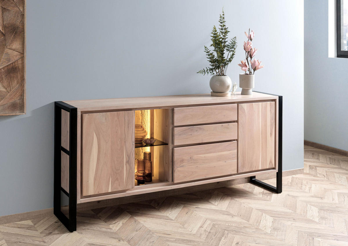 SIDEBOARD Akazie / Altholz 200x40x90 natur lackiert DENVER #112 - Braun, Holz (200/90/40cm) - Massivmoebel24