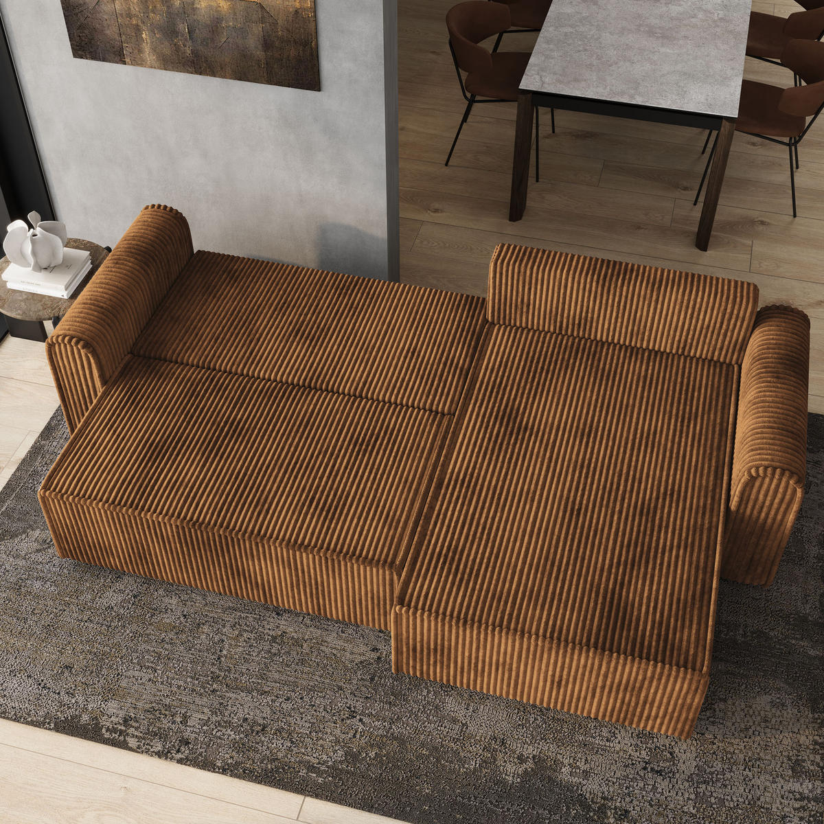ECKSOFA VALTINO Kupferfarben Kordstoff mit Schlaffunktion - Kupferfarben, Holz (275/148cm) - MASSENO