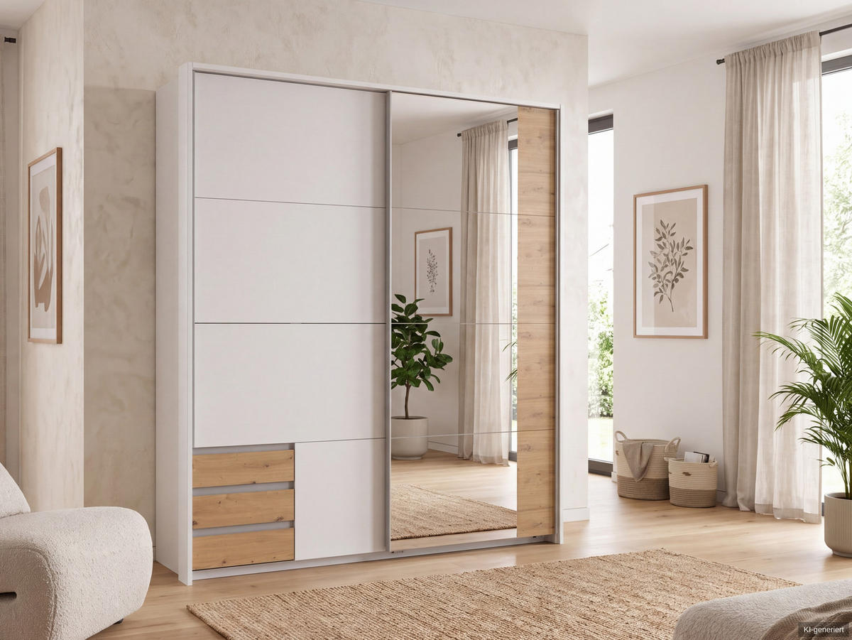 SCHWEBETÜRENSCHRANK 2-türig B183/H200/T65 cm, Passepartout-Kleiderschrank in Weiß mit Spiegel, 1x Tür & Schubkästen in Eiche Artisan Dekor / 22711 - Alufarben/Weiß, Holz/Holzwerkstoff (183/200/65cm) - luma-home