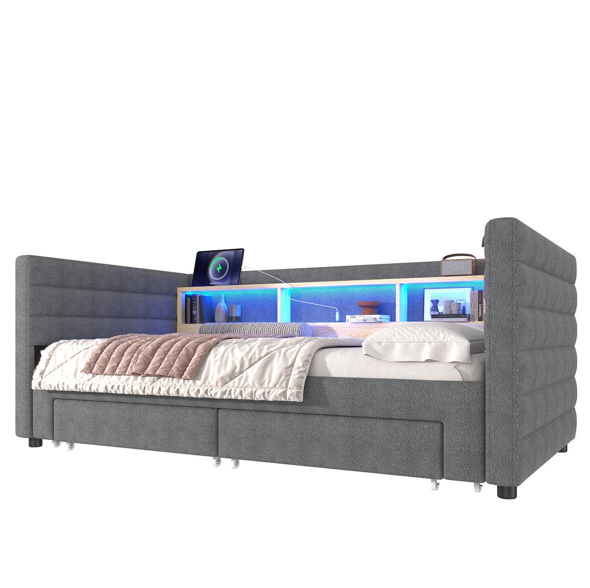 POLSTERBETT 90/190 cm aus Samt mit LED-Beleuchtung und Stauraum - Grau, Textil (90/190cm) - Flora Grace