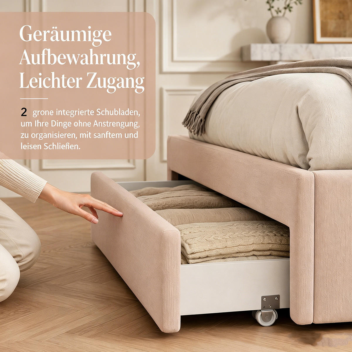 POLSTERBETT 140x200 mit stauraum, bettgestell mit 2 Schublade, Bettkasten, Lattenrost, ohne Kopfteil, Leinenstoff, beige - Beige, Holz/Textil (140/200cm) - GENKI LIVING
