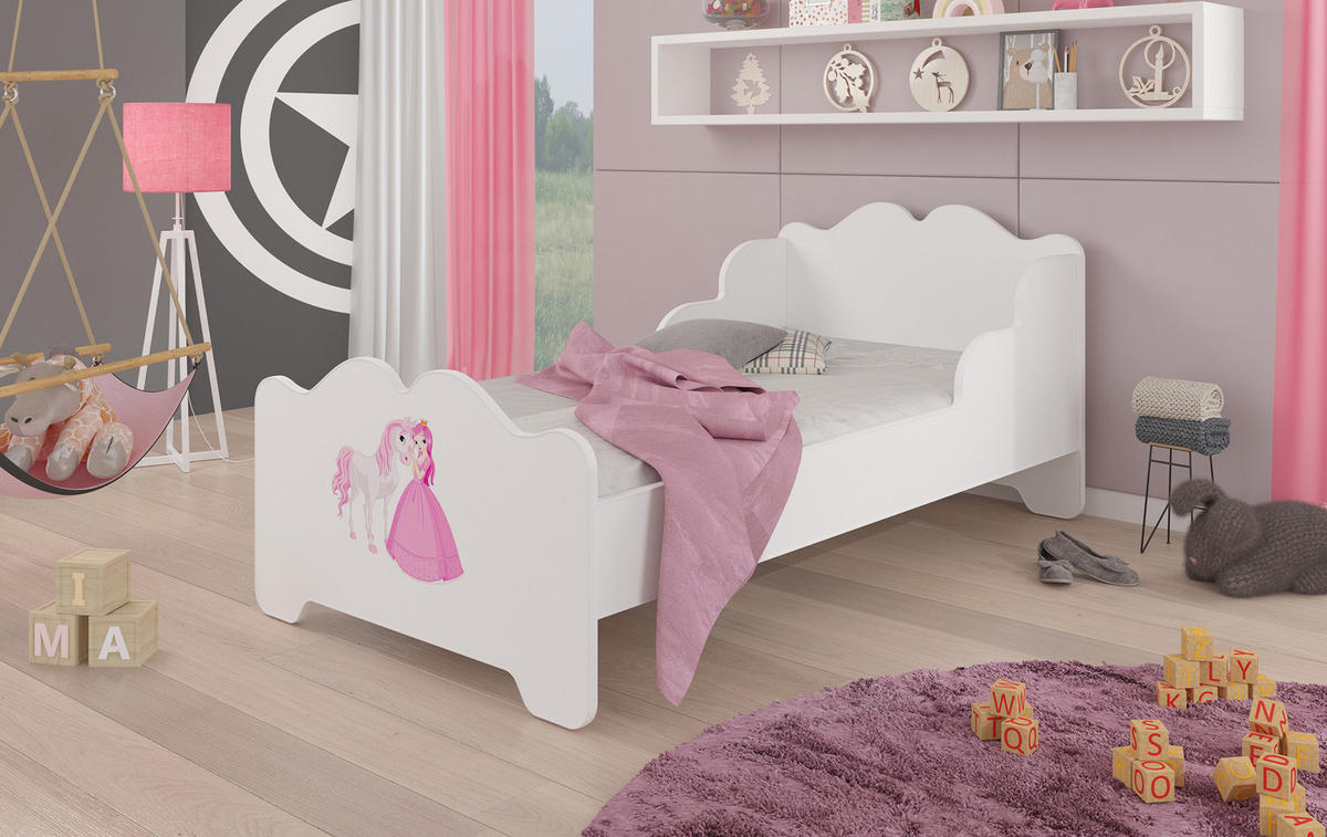 KINDERBETT Ximena 164 / 88 / 63cm weiß / Motiv Prinzessin mit Pferd - Pink/Weiß, Holz/Holzwerkstoff (80/160cm) - Feldmann-Wohnen