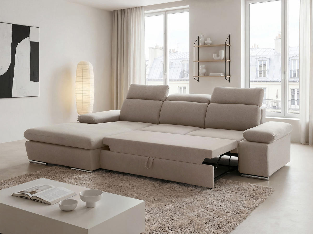 ECKSOFA PABLO mit Schlaffunktion und Bettkasten Beige - Beige, Holzwerkstoff/Kunststoff (250/90cm) - Idohome