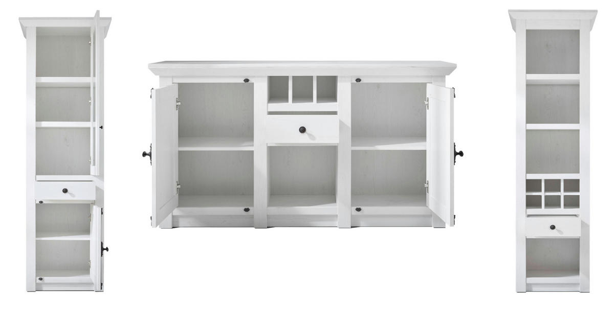 WOHNWAND 4-teilig Pinie weiß 290 cm, Wohnkombination im Landhaus-Stil - Schwarz/Weiß, Glas/Holzwerkstoff (293/207/45cm) - Furn.Design