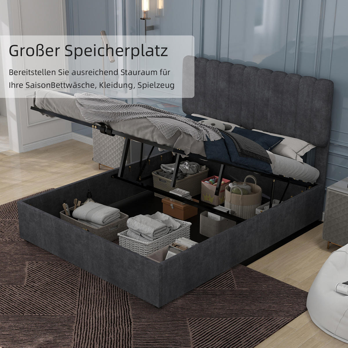 POLSTERBETT 160/200 cm in Grau Samt - Grau, Holzwerkstoff/Textil (160/200cm) - WISHDOR