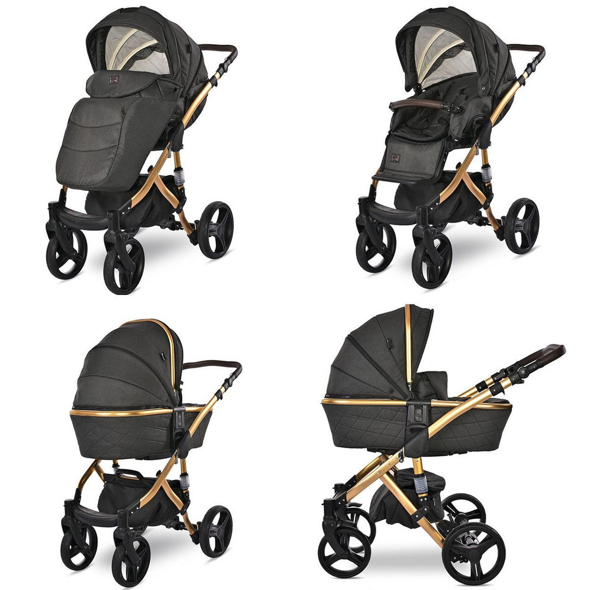 KOMBIKINDERWAGEN Rimini Premium schwarz gold Sportsitz Tragewanne Moskitonetz verstellbar - Schwarz, Metall (112/60/117cm) - Lorelli