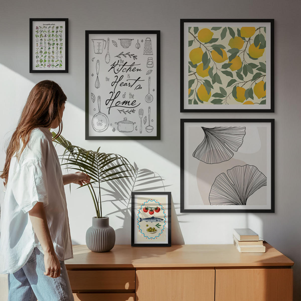 WANDBILDER 5er-Set - 50x50 cm & 20x30 cm & 40x60 cm Schwarzer Rahmen - Küchenkräuter-Zitronen-Malerei - Schwarz, Kunststoff (40/60cm) - ArtPrintCave