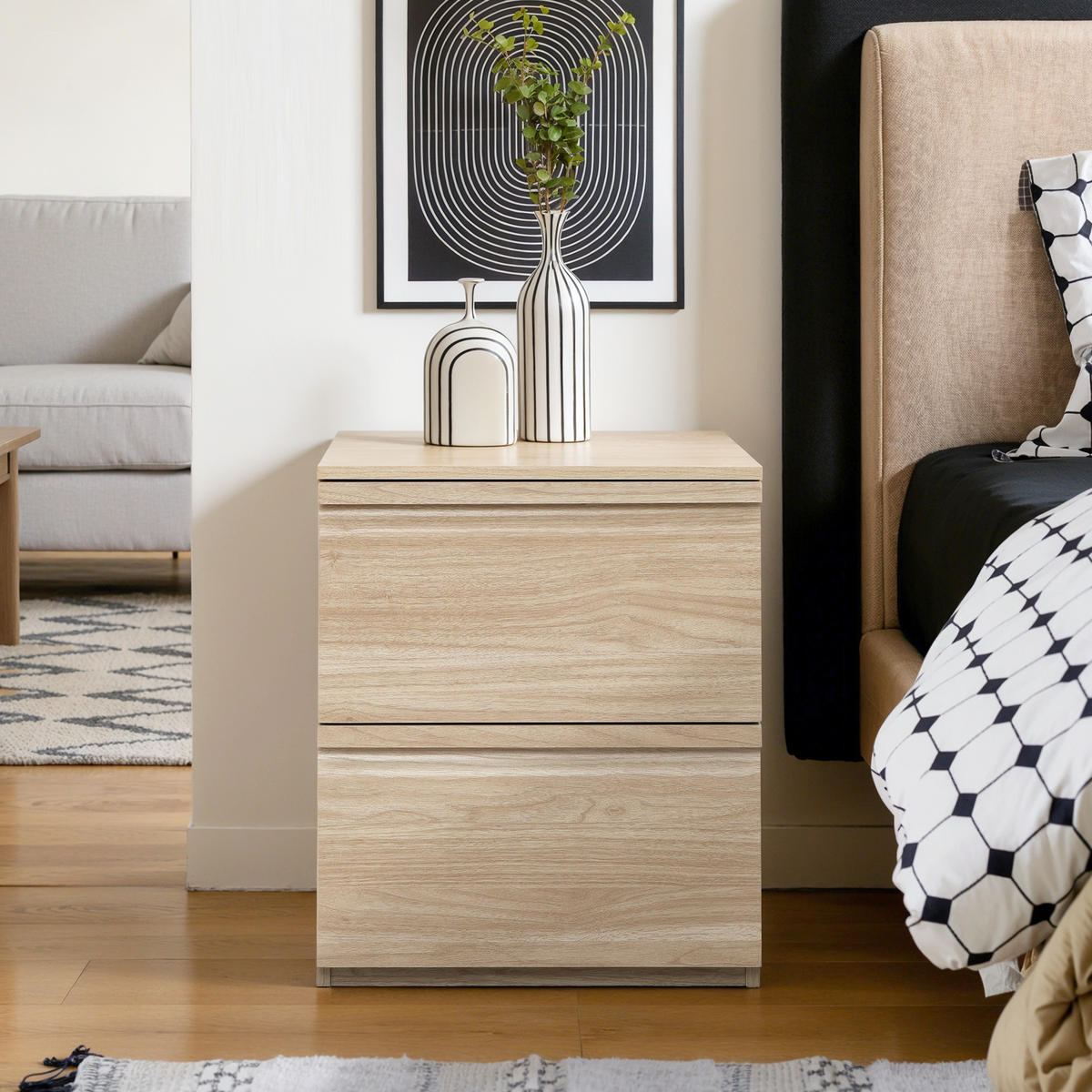 NACHTTISCH Holz mit 2 Schubladen, Holzoptik | B40 x T40 x H49 cm - Hellbraun, Holzwerkstoff (39.5/48.5/39.5cm) - Hometopia