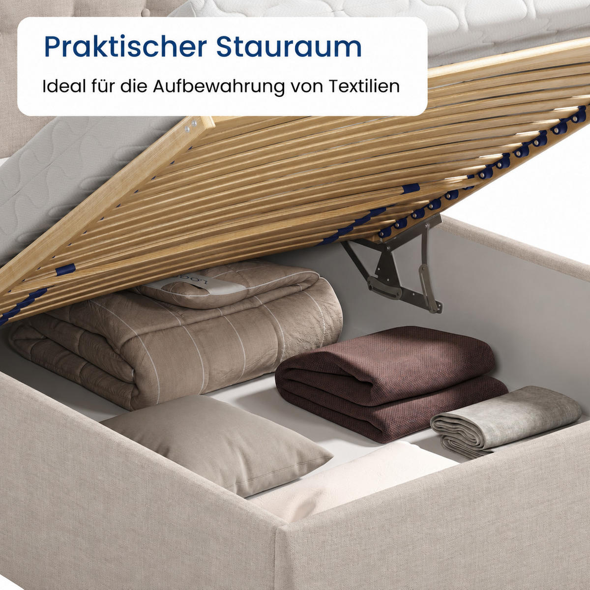 POLSTERBETT mit verstellbarem Lattenrost & Bettkasten, Kaltschaummatratze, 140 x 200 cm in Creme - Creme, Holzwerkstoff/Textil (140/200cm) - Home Collective