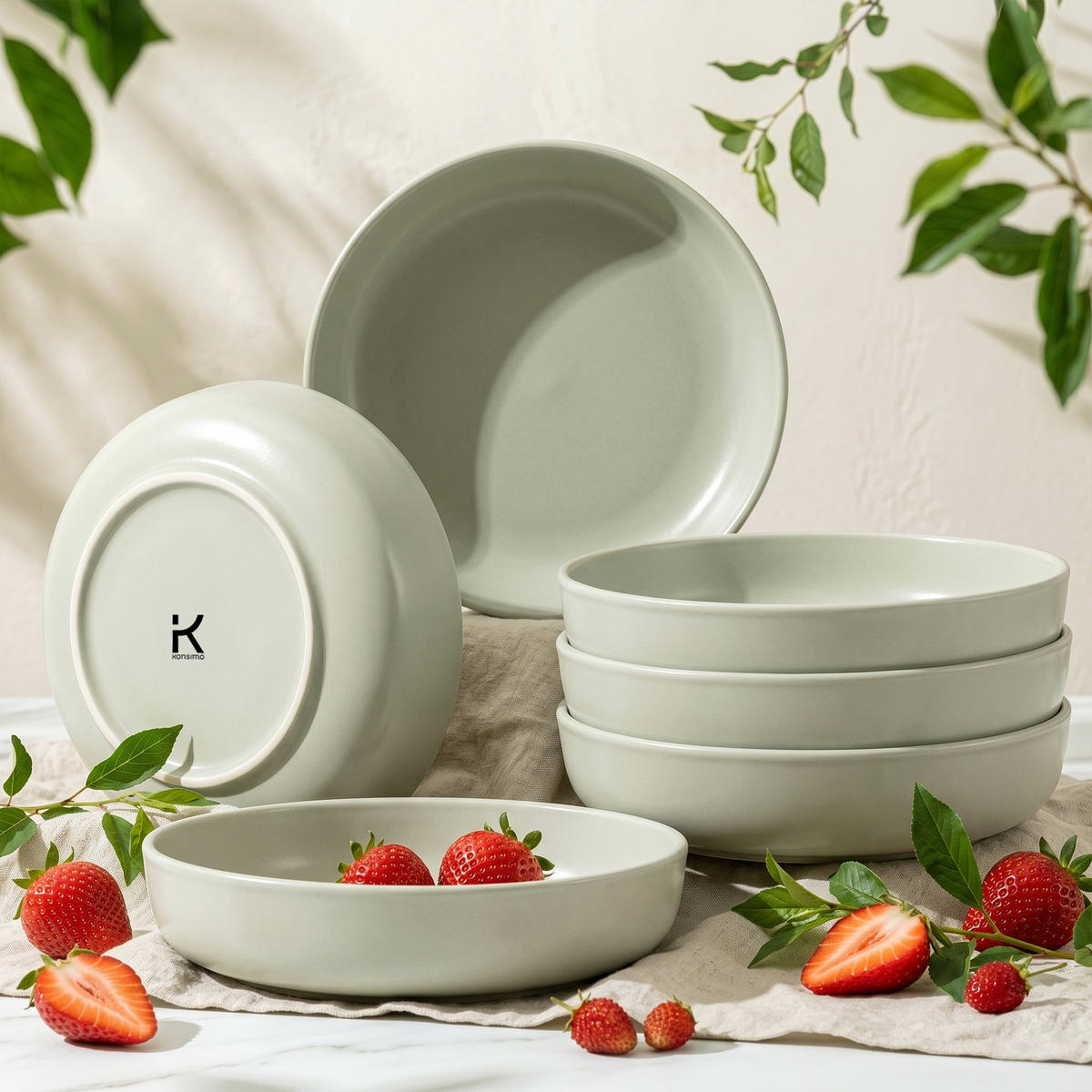 TELLER-SET VICTO 6-tlg Suppenteller, matt beige/grün/grau - Hellgrün, Keramik (18cm) - KONSIMO®