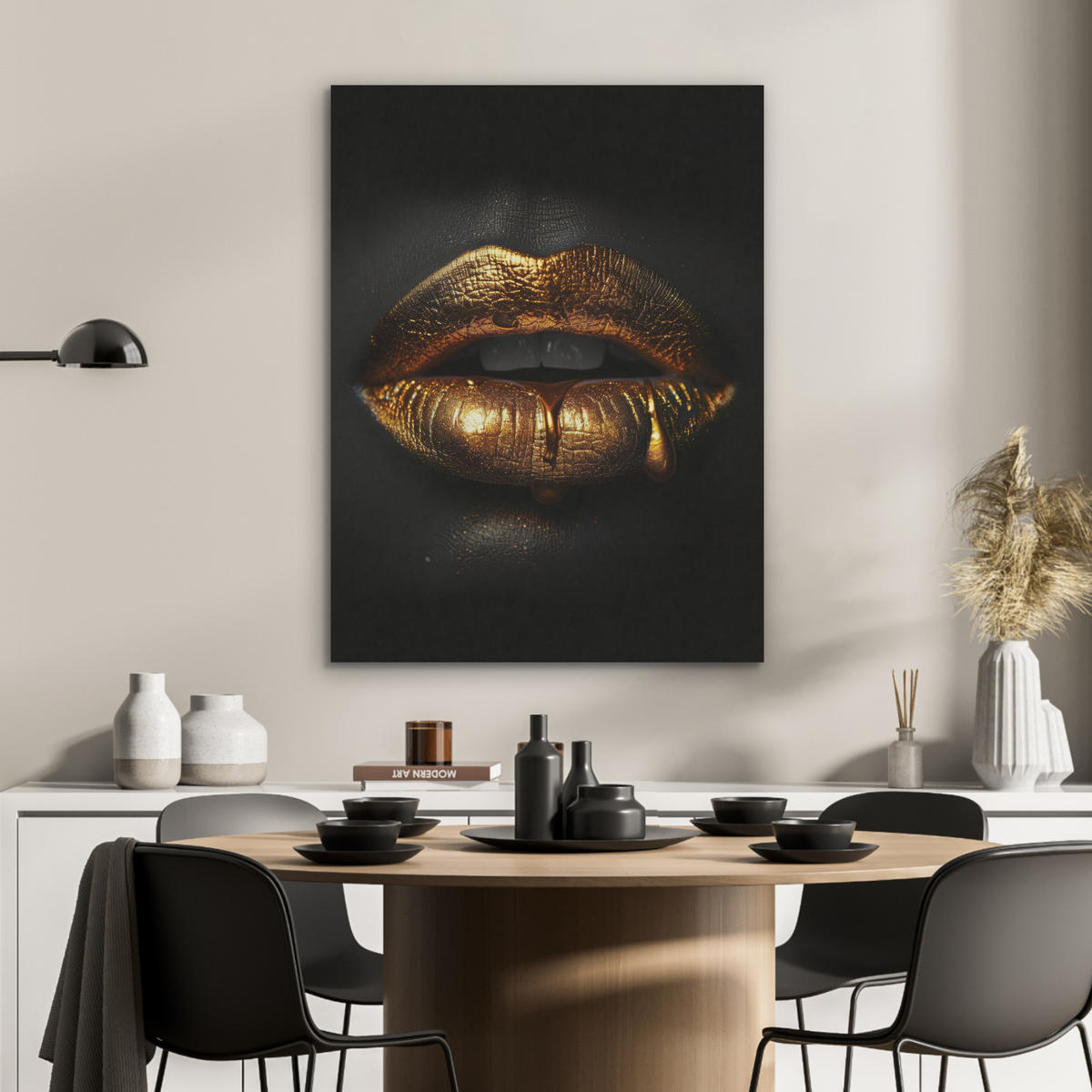AKUSTIKPANEEL Frau - Porträt - Lippen - Gold - Schwarz 60x80 cm - Schwarz, Textil (60/0.9/80cm) - MuchoWow