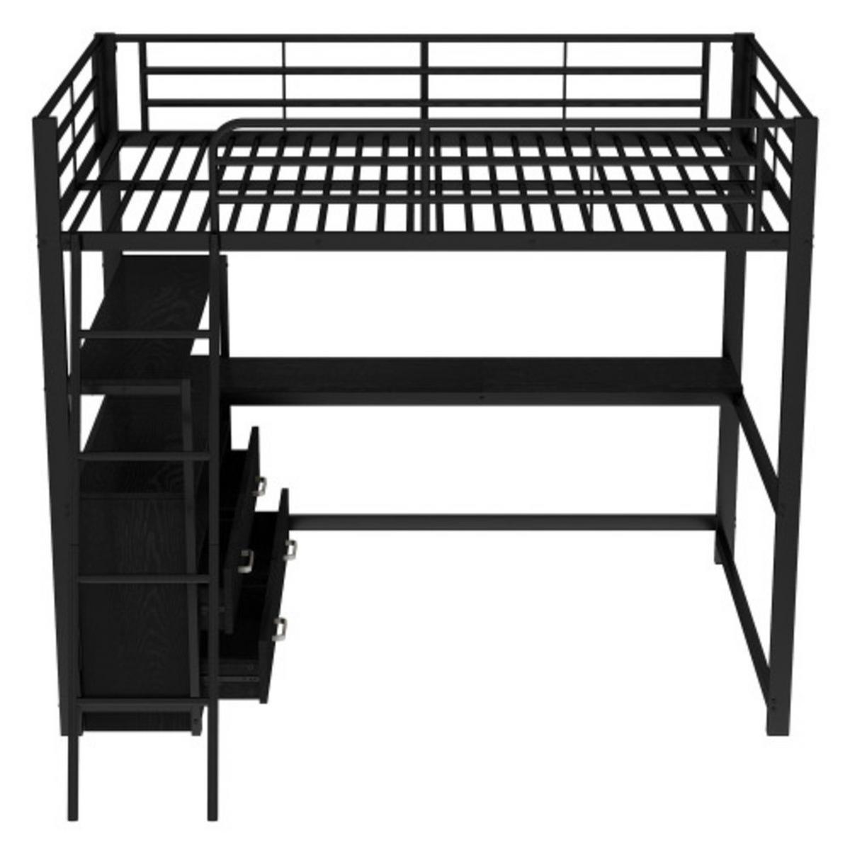 HOCHBETT 140 × 200 cm mit Metallrahmen, L-förmigem Schreibtisch und 4 Schubladen, schwarz - Schwarz, Metall - Luhomfu