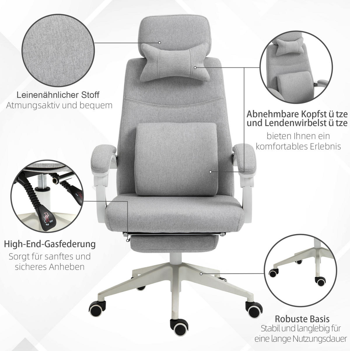 BÜROSTUHL ergonomisch höhenverstellbar Grau mit Fußstütze - Grau, Kunststoff (68/117/62cm) - Meubliv